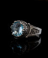 Greek Key Pattern Filigree Art Blue Topaz Gemstone Women Silver Cocktail Ring