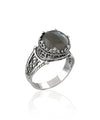 Greek Key Pattern Filigree Art Gray Moonstone Gemstone Women Silver Cocktail Ring