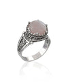 Greek Key Pattern Filigree Art Rose Quartz Gemstone Women Silver Cocktail Ring