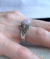 Greek Key Pattern Filigree Art Rose Quartz Gemstone Women Silver Cocktail Ring