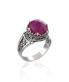 Greek Key Pattern Filigree Art Ruby Corundum Gemstone Women Silver Cocktail Ring
