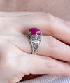 Greek Key Pattern Filigree Art Ruby Corundum Gemstone Women Silver Cocktail Ring