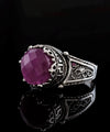 Greek Key Pattern Filigree Art Ruby Corundum Gemstone Women Silver Cocktail Ring