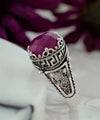 Greek Key Pattern Filigree Art Ruby Corundum Gemstone Women Silver Cocktail Ring