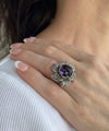 Lotus Flower Amethyst Gemstone Women Silver Statement Ring