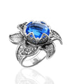 Lotus Flower Blue Quartz Gemstone Women Silver Statement Ring