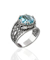 Meander Pattern Filigree Art Blue Topaz Gemstone Women Silver Cocktail Ring