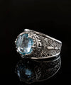 Meander Pattern Filigree Art Blue Topaz Gemstone Women Silver Cocktail Ring