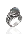 Meander Pattern Filigree Art Gray Moonstone Gemstone Women Silver Cocktail Ring