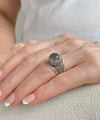 Meander Pattern Filigree Art Gray Moonstone Gemstone Women Silver Cocktail Ring