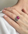 Meander Pattern Filigree Art Ruby Corundum Gemstone Women Silver Cocktail Ring
