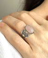 Rose Quartz Gemstone Double Heart Detailed Filigree Art 925 Sterling Silver Women Statement Ring