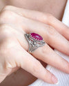 Ruby Corundum Gemstone Sterling Silver Women Statement Ring with Daisy Figures