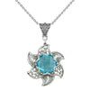Sterling Silver Filigree Blue Topaz Gemstone Blossoming Lotus Flower Pendant Necklace