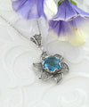 Sterling Silver Filigree Blue Topaz Gemstone Blossoming Lotus Flower Pendant Necklace