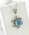 Sterling Silver Filigree Blue Topaz Gemstone Blossoming Lotus Flower Pendant Necklace