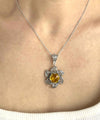 Sterling Silver Filigree Citrine Gemstone Blossoming Lotus Flower Pendant Necklace