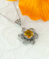 Sterling Silver Filigree Citrine Gemstone Blossoming Lotus Flower Pendant Necklace
