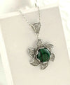 Sterling Silver Filigree Malachite Gemstone Blossoming Lotus Flower Pendant Necklace