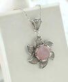 Sterling Silver Filigree Rose Quartz Gemstone Blossoming Lotus Flower Pendant Necklace