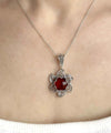 Sterling Silver Filigree Ruby Gemstone Blossoming Lotus Flower Pendant Necklace
