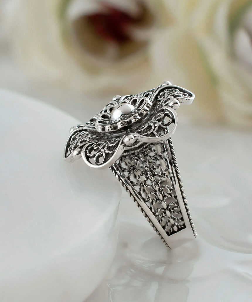 Handcrafted 925 Sterling Silver Citrine Filigree Art Checkerboard Cocktail Ring | Filigranist