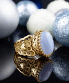Double Heart Detailed Blue Lace Agate Gemstone Filigree Art Gold Plated Sterling Silver Women Statement Ring
