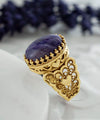 Double Heart Detailed Charoite Gemstone Filigree Art Gold Plated Sterling Silver Women Statement Ring