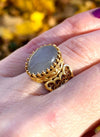 Double Heart Detailed Gray Moonstone Gemstone Filigree Art Gold Plated Sterling Silver Women Statement Ring