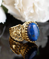 Double Heart Detailed Lapis Lazuli Gemstone Filigree Art Gold Plated Sterling Silver Women Statement Ring