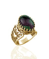 Double Heart Detailed Ruby Zoisite Gemstone Filigree Art Gold Plated Sterling Silver Women Statement Ring