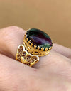 Double Heart Detailed Ruby Zoisite Gemstone Filigree Art Gold Plated Sterling Silver Women Statement Ring