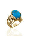 Double Heart Detailed Turquoise Gemstone Filigree Art Gold Plated Sterling Silver Women Statement Ring