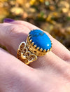 Double Heart Detailed Turquoise Gemstone Filigree Art Gold Plated Sterling Silver Women Statement Ring