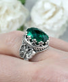 Emerald Gemstone Filigree Art Double Butterfly Detailed Women Silver Statement Ring