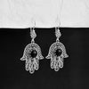 Sterling Silver Black Onyx Hamsa Filigree Dangle Earrings