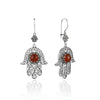 Sterling silver Hamsa filigree dangle earrings with natural Carnelian gemstone