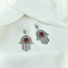 Oxidized sterling silver Hand of Fatima earrings featuring natural Carnelian stone