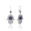Sterling silver Hamsa filigree dangle earrings with blue evil eye glass stone