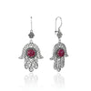 Sterling silver Hamsa filigree dangle earrings with Ruby Corundum gemstone