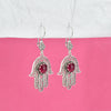 Symbolic handmade sterling silver Hamsa earrings with red Ruby Corundum gemstone