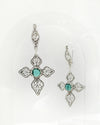 Handmade silver faith cross earrings featuring Emerald Quartz checkerboard gemstone and filigree
