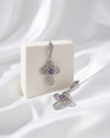 Handmade silver Christian cross earrings featuring Natural Amethyst checkerboard gemstone and filigree