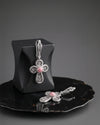 Romantic pink gemstone cross earrings with vintage inspired sterling silver filigree style