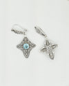 Handmade silver cross earrings with Natural Blue Topaz checkerboard gemstone and filigree details