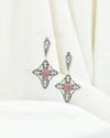 Romantic pink Rhodonite cross earrings with handmade 925 silver filigree design