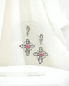 Natural Rhodonite sterling silver filigree cross dangle earrings for women
