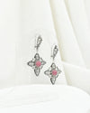 Oxidized sterling silver Rhodonite cross earrings with vintage openwork filigree craftsmanship