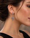 Handmade silver cross earrings with Natural Rhodonite cabochon and intricate filigree details