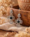 Black Onyx 925 Sterling Silver Clover Cross Filigree Dangle Earrings